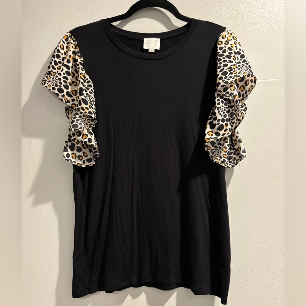 Violet & Claire - Black Top with Animal Print Ruffle Sleeves